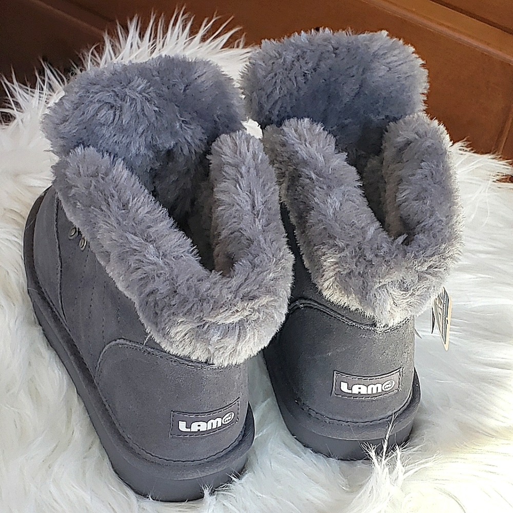 Lamo Winter Suede Boots Gray Splash Proof Size 7 Comfort Foot Faux Fur NIB - Picture 4 of 13